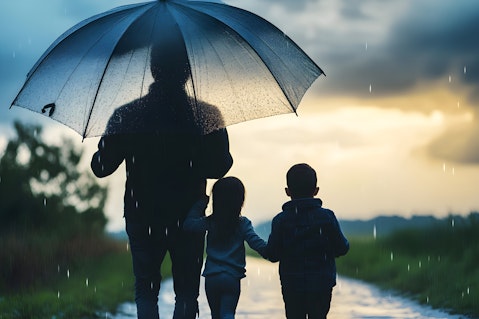 Family under umbrella